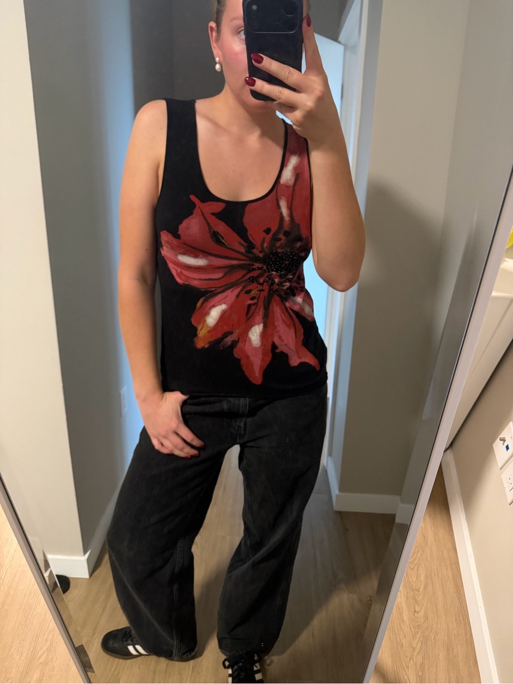 Vanilla Sugar Black Tank Top with Red Floral Graphic